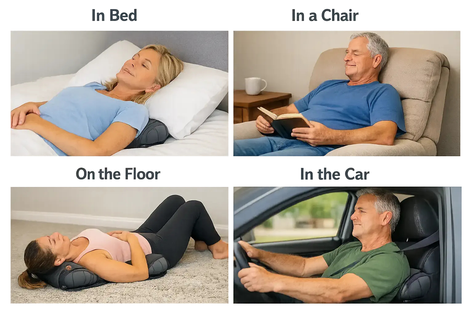 Four-panel how-to graphic: bed, chair, floor, and car setups