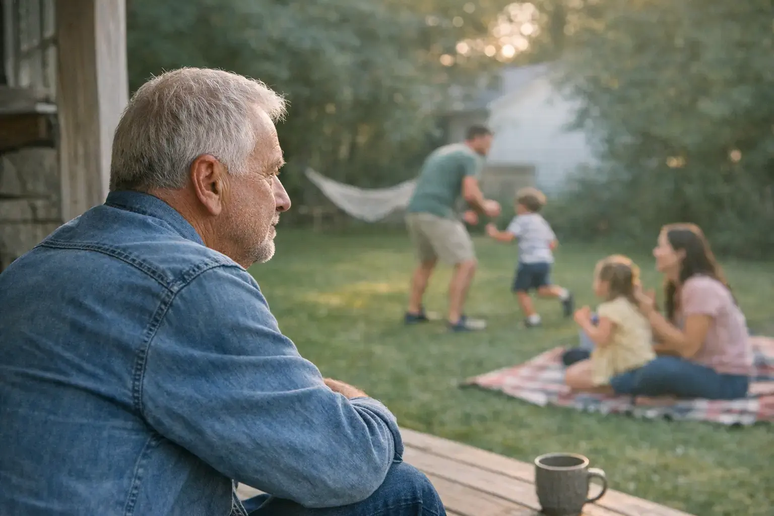 Older man alone on porch watching family play in yard