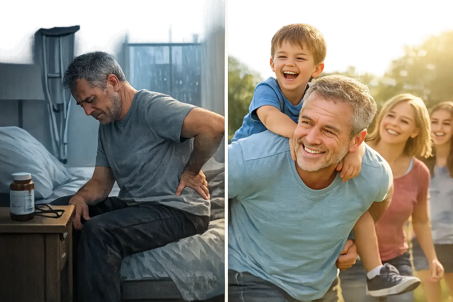 Split-screen: isolated and stiff on left vs active and relaxed with family on right