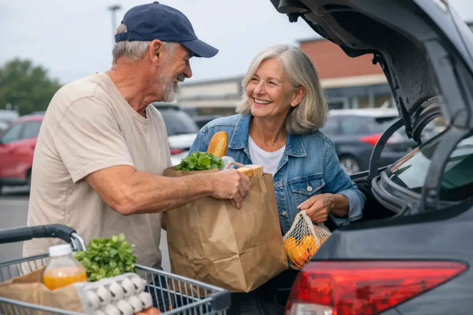 Older couple loading groceries into car with relaxed posture