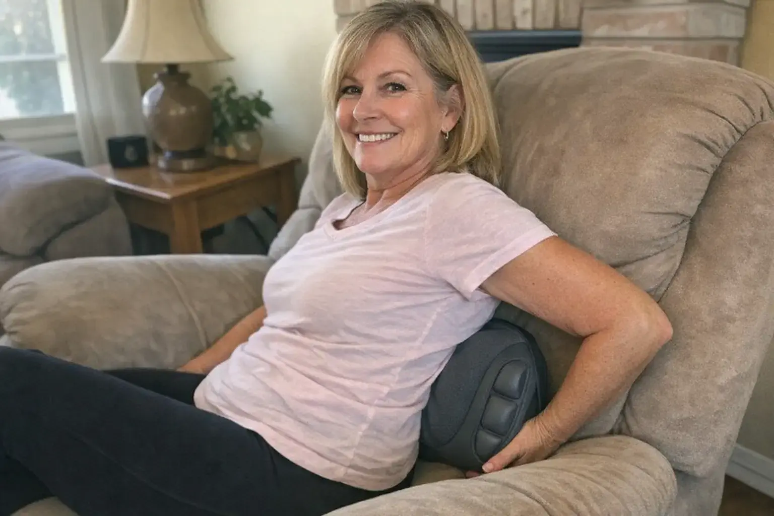 Woman in her 50s using ReliefMD back massager in recliner