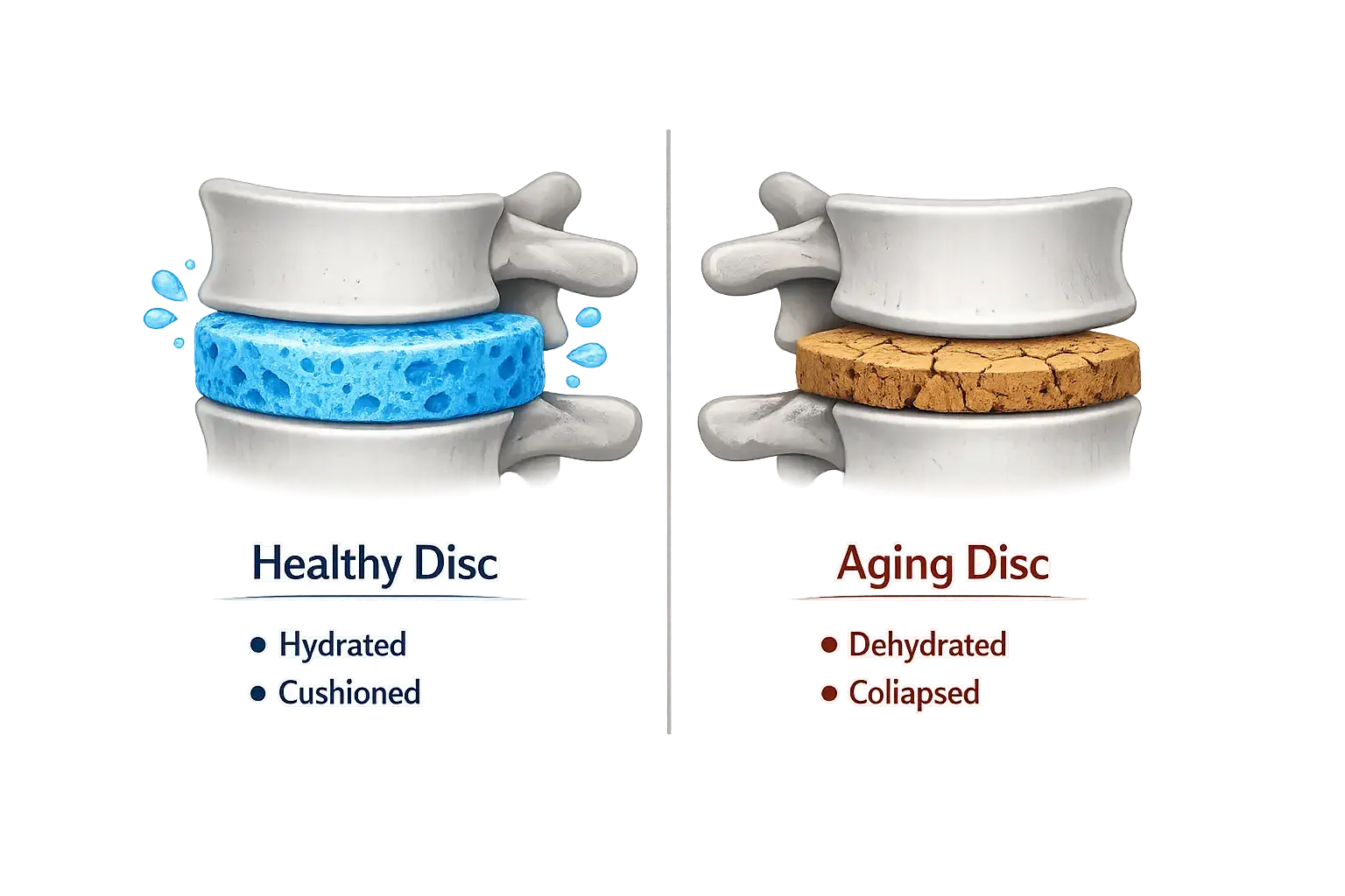 Sponge metaphor illustration comparing healthy hydrated disc to dried aging disc