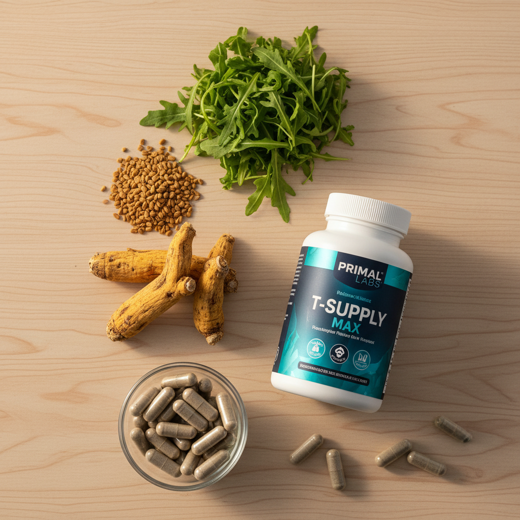 T-Supply Max natural ingredients - arugula, fenugreek seeds, Tongkat Ali root, and capsules